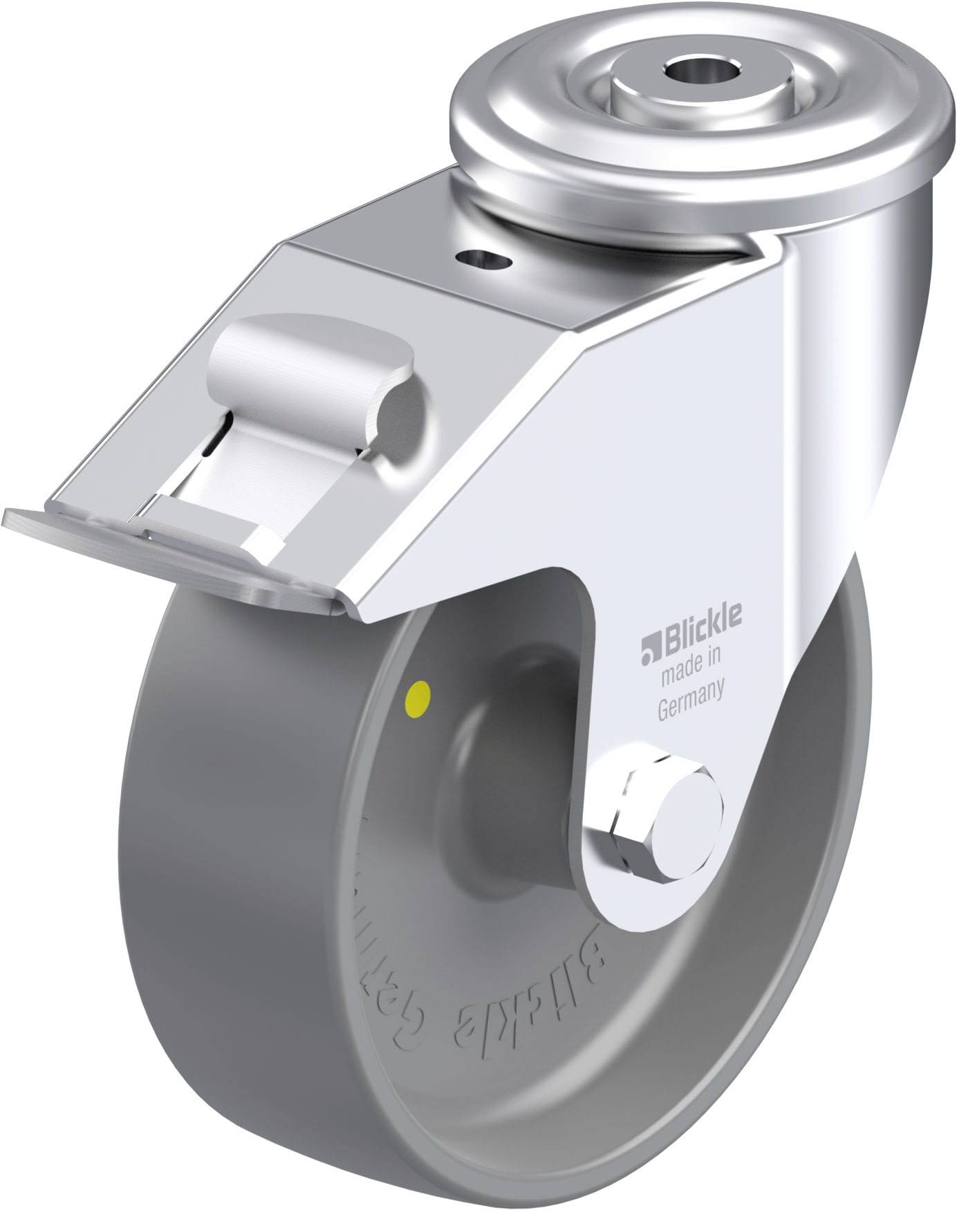 Industrie-Rolle mit Metallhalterung von Blickle, hergestellt in Deutschland, mit einer robusten grauen Gummibereifung für schwere Lasten.