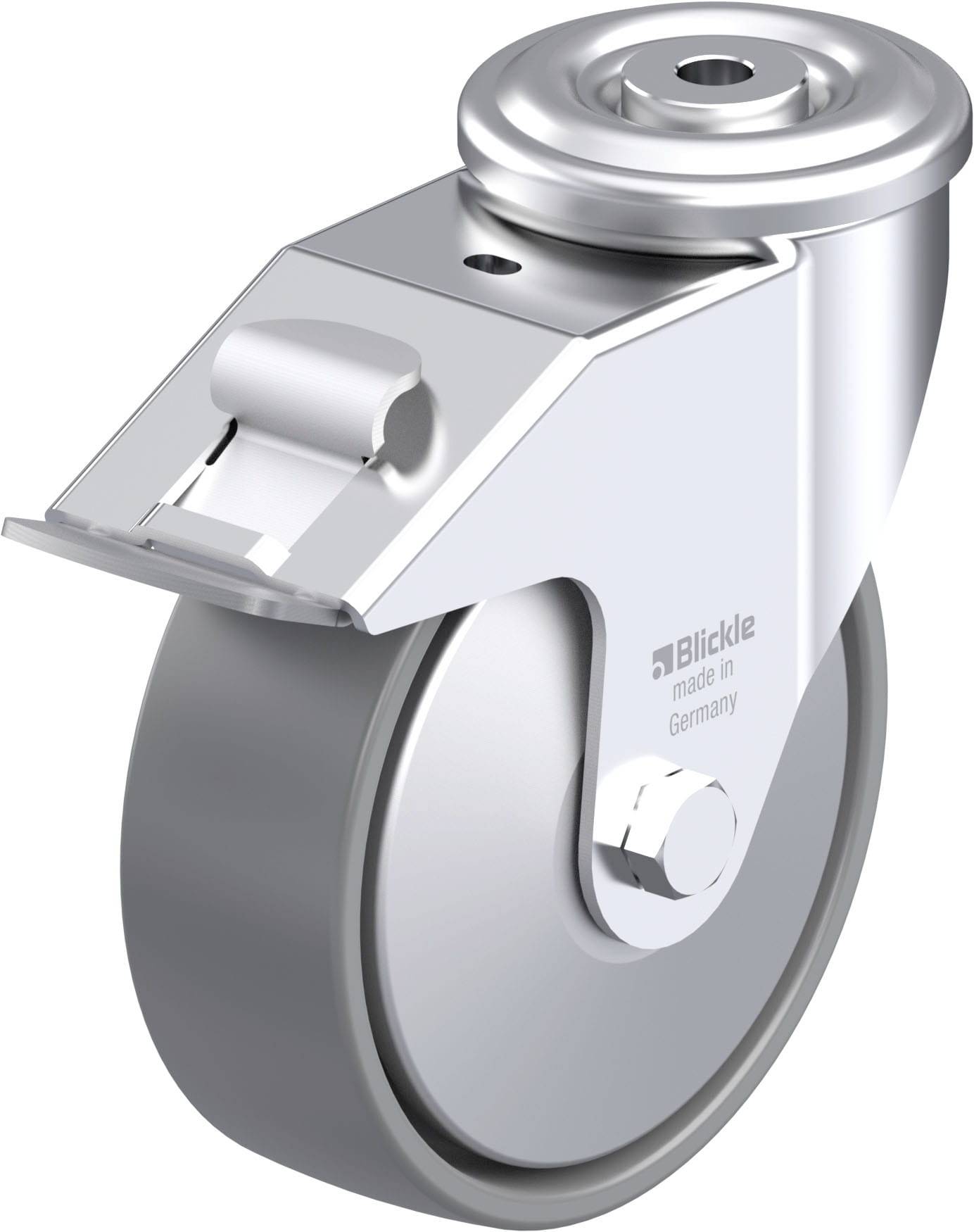 Industrie-Rollenrad aus Metall mit Plattenbefestigung. Geeignet für verschiedene Anwendungen in Lagerung und Transport.