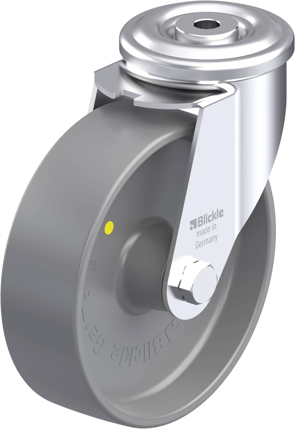 Grau-gelbes Rad mit Metallhalterung, Aufschrift 'Blickle made in Germany'.