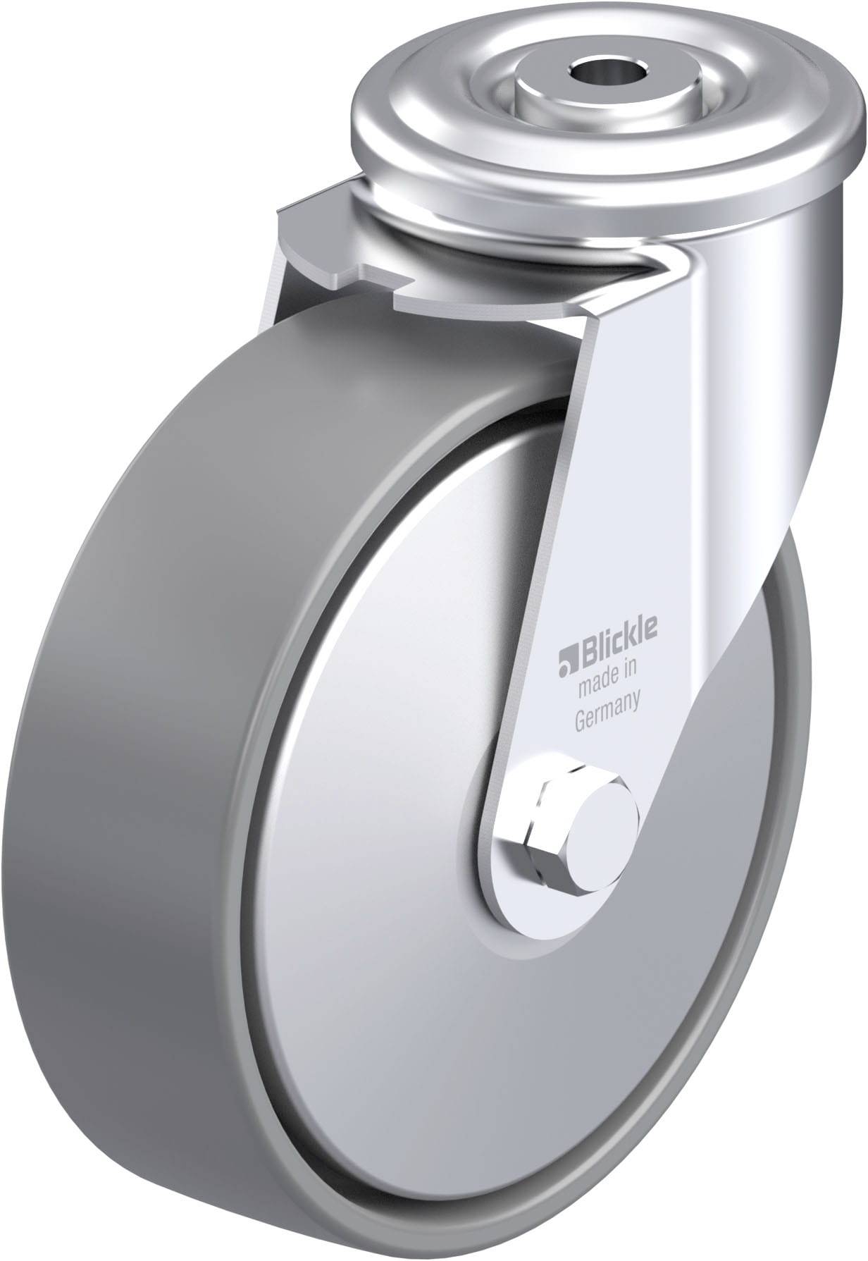 Industrie-Rolle aus Metall und grauem Gummi, hergestellt von 'Blickle made in Germany', zeigt ein robustes Design für schwere Lasten.