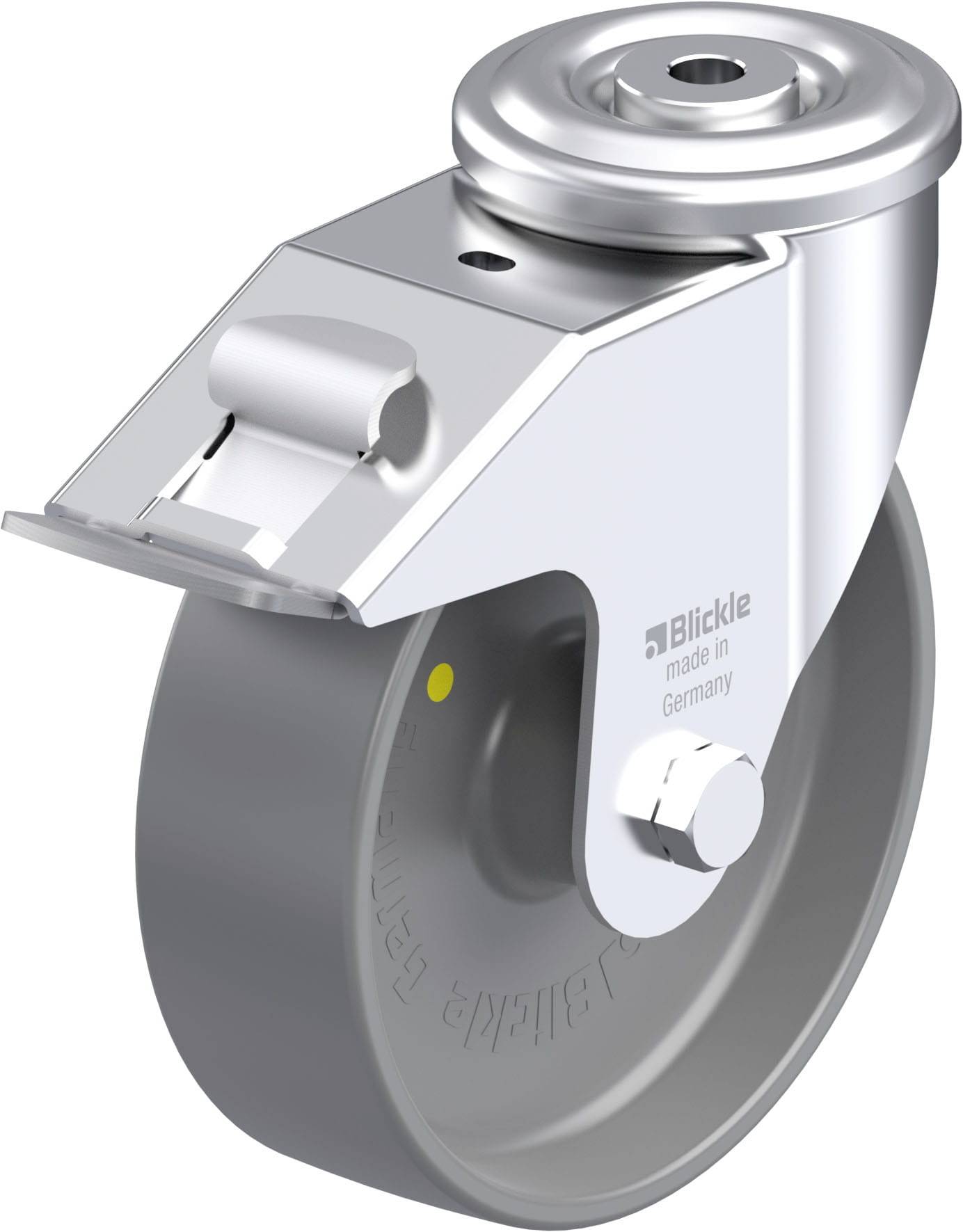 Industrielle Laufrolle aus Metall mit Bremse, graues Rad, und 'Blickle made in Germany'-Markierung an der Halterung.