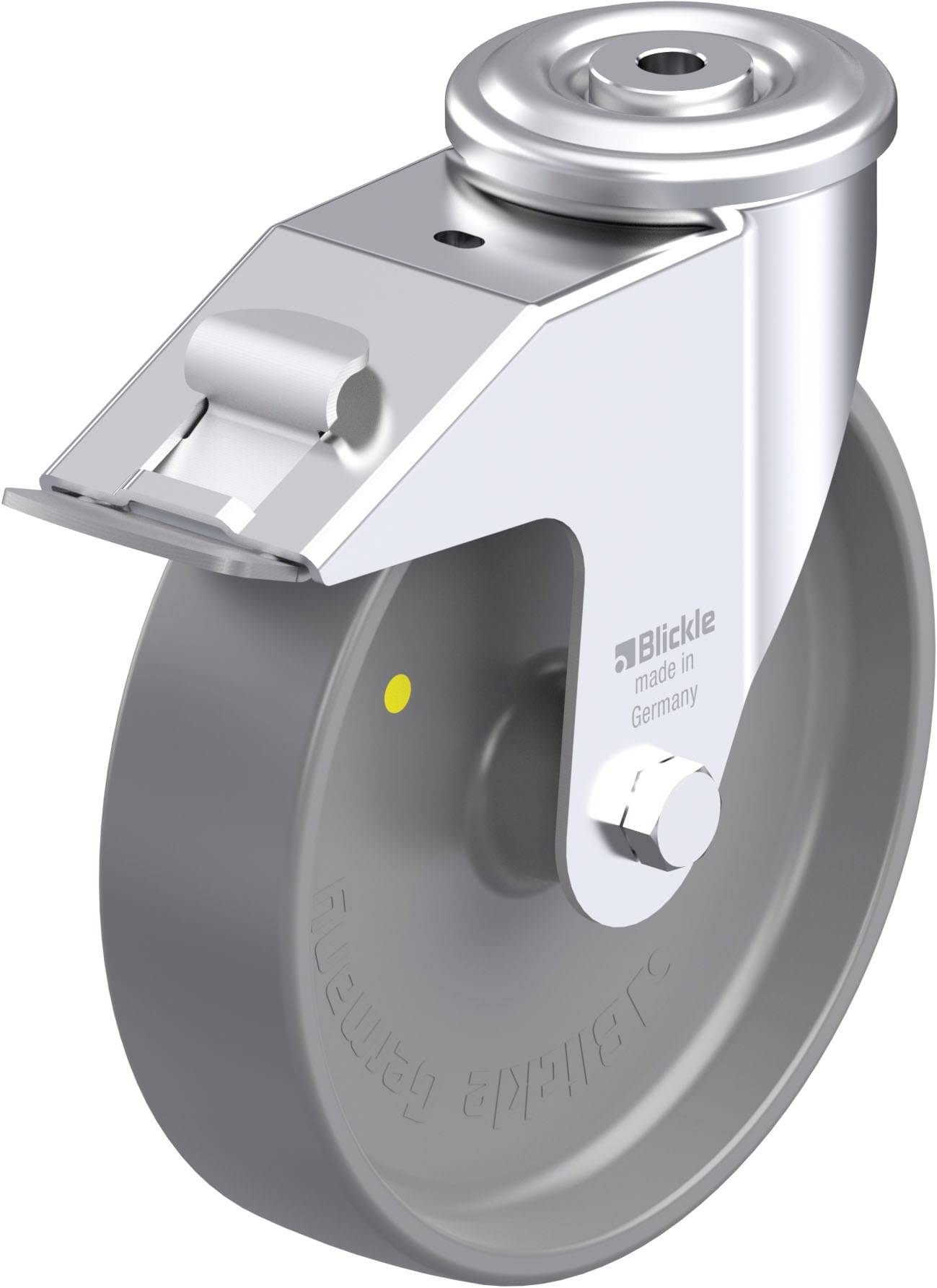 Schwenkrolle aus Metall mit grauem Rad. Markierung 'Blickle made in Germany'.