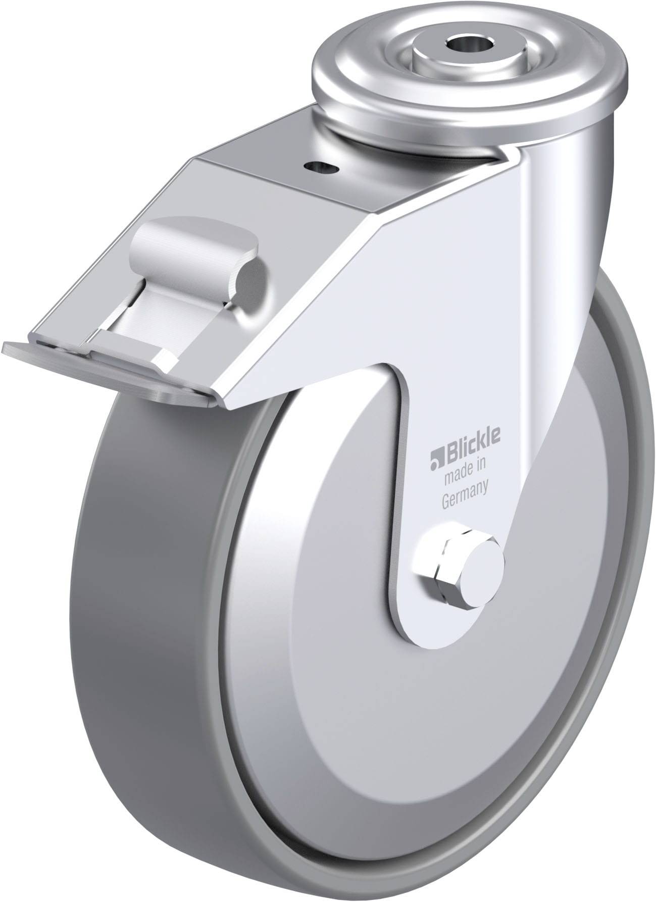 Ein silbernes Transportrollenrad mit glänzender Oberfläche und 'made in Germany' Aufschrift. Es ist robust und für industrielle Zwecke geeignet.