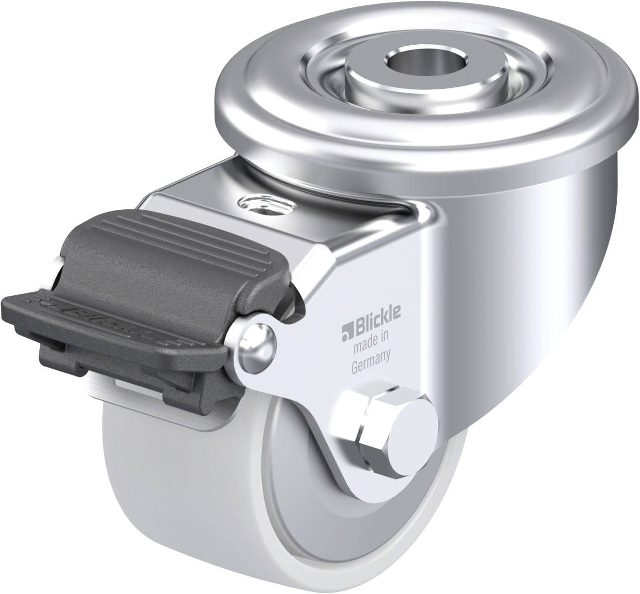 Schwenkrolle mit Bremse aus Metall; Aufschrift 'Blickle, made in Germany'.