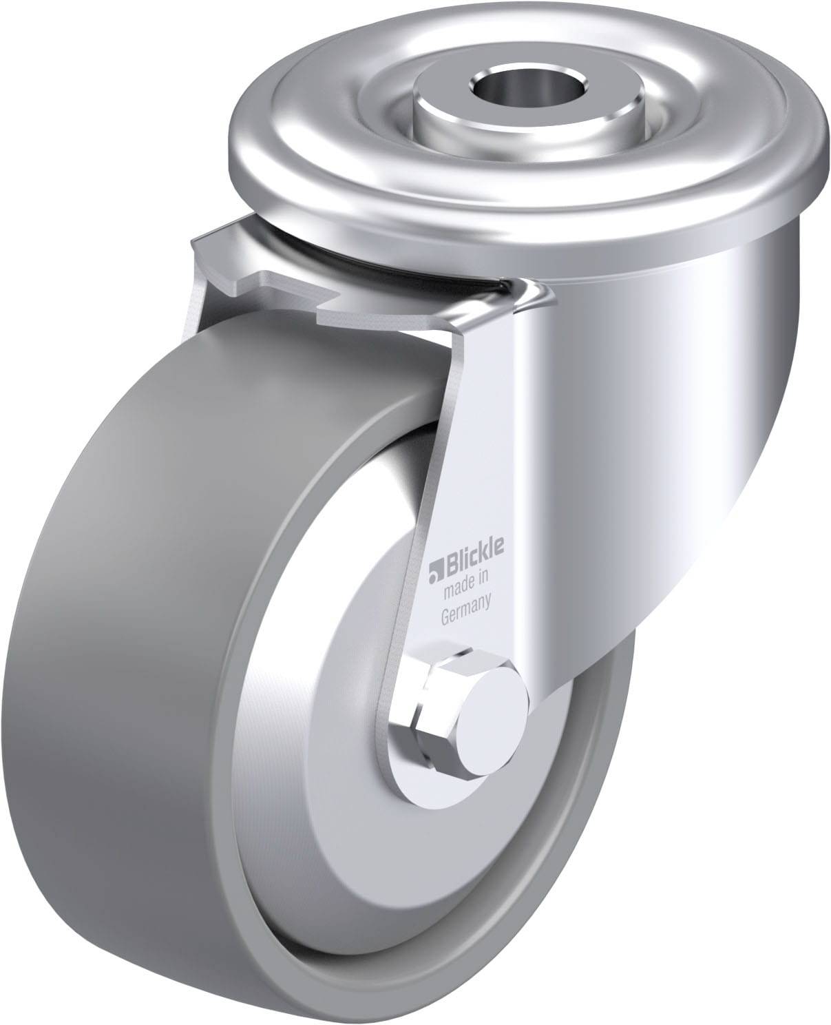 Industrie-Lenkrolle aus Metall mit grauem Rad. Markenname und Herkunftsland sind auf der Radhalterung eingraviert.