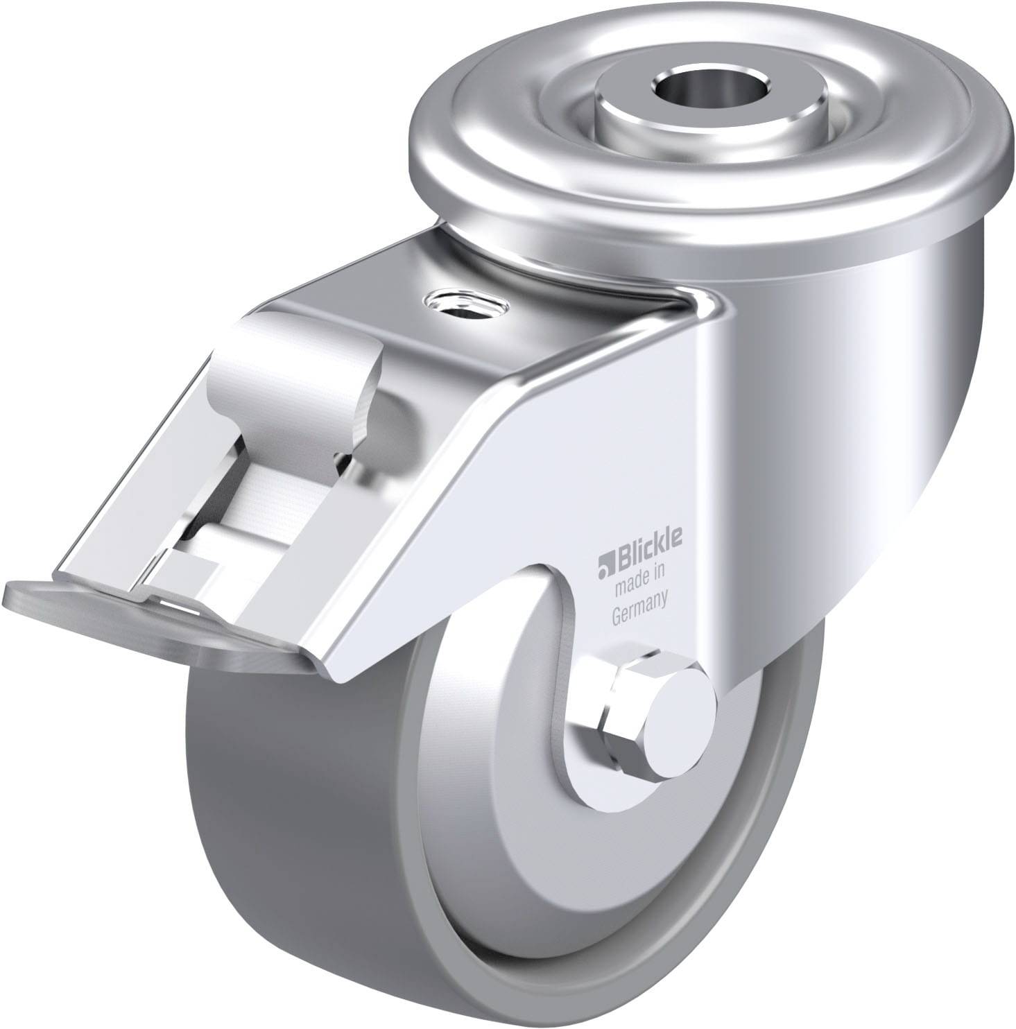 Eine silberne Lenkrolle mit Halterung; genutzt für leichten Transport und Manövrierbarkeit. Aufschrift: 'Blickle made in Germany'.