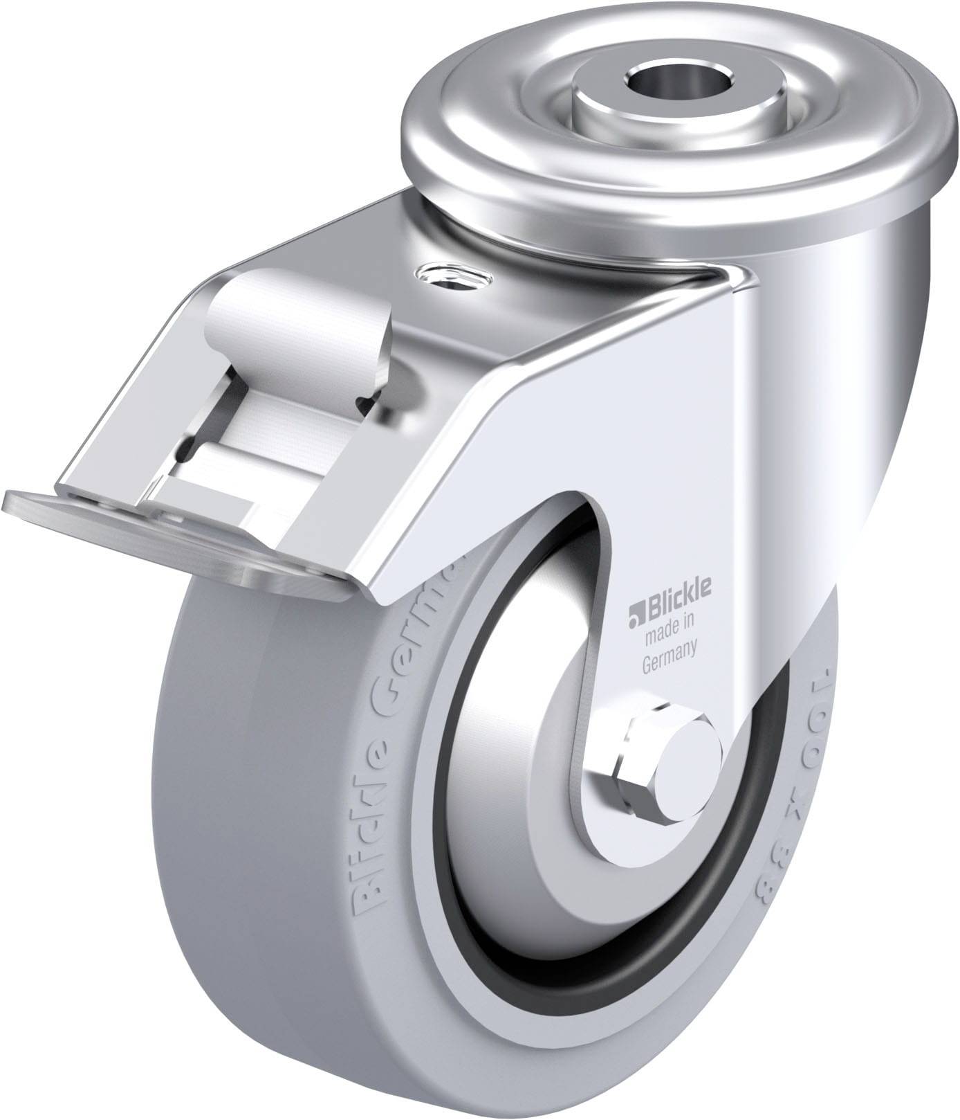 Eine silberne Lenkrolle aus Metall mit grauem Rad und Bremse. Aufschrift: 'Blickle, made in Germany'.