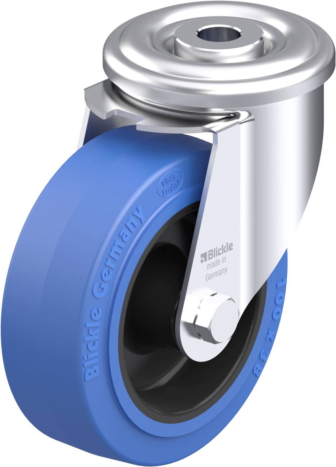 Eine blau-schwarze Bockrolle mit silbernem Gehäuse, gekennzeichnet mit 'Blickle Germany', für industrielle Anwendungen.