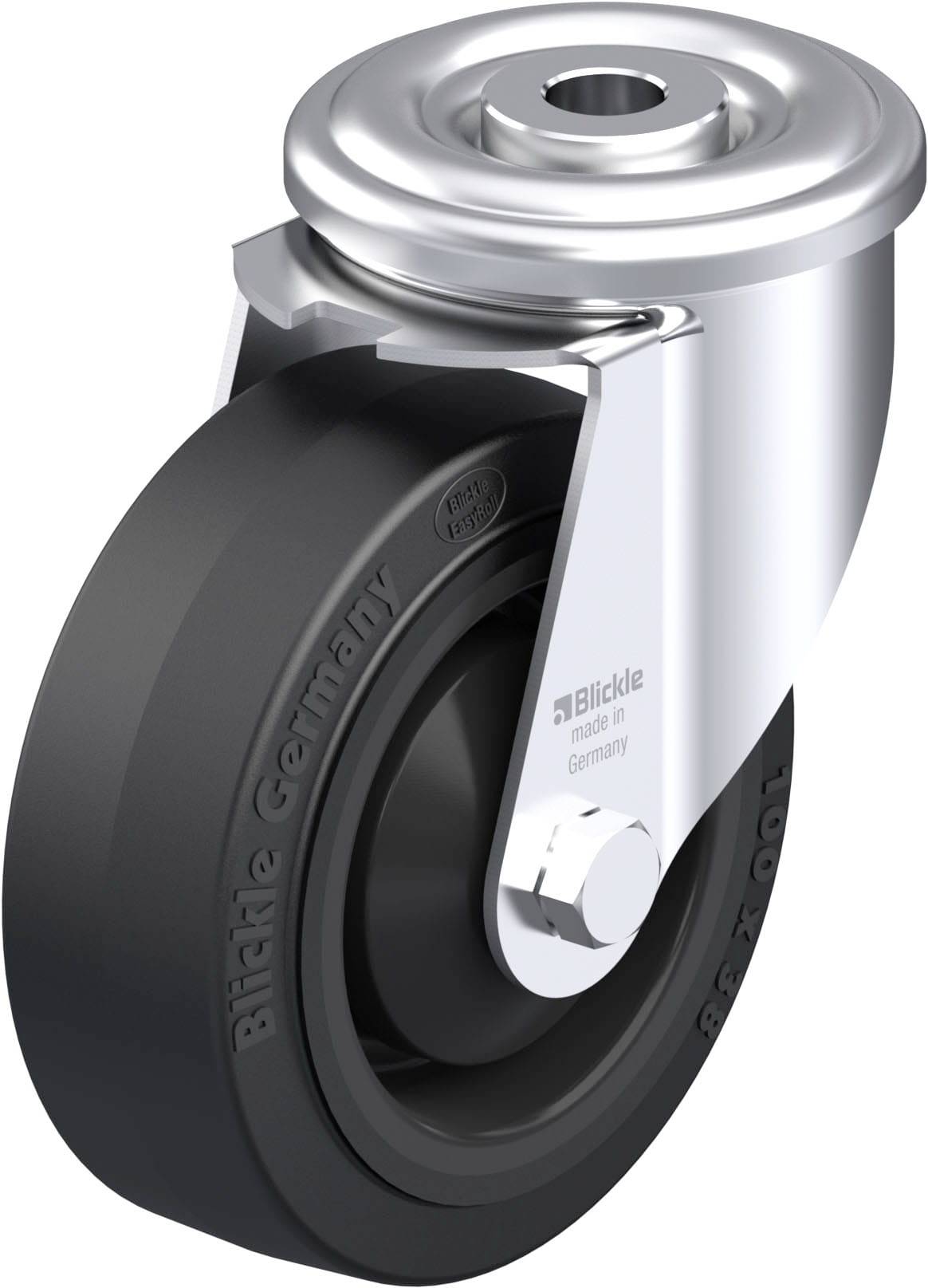 Industrie-Rolle mit schwarzem Gummirad und Metallhalterung. Aufdruck 'Blickle Germany' sichtbar auf der Reifenflanke.