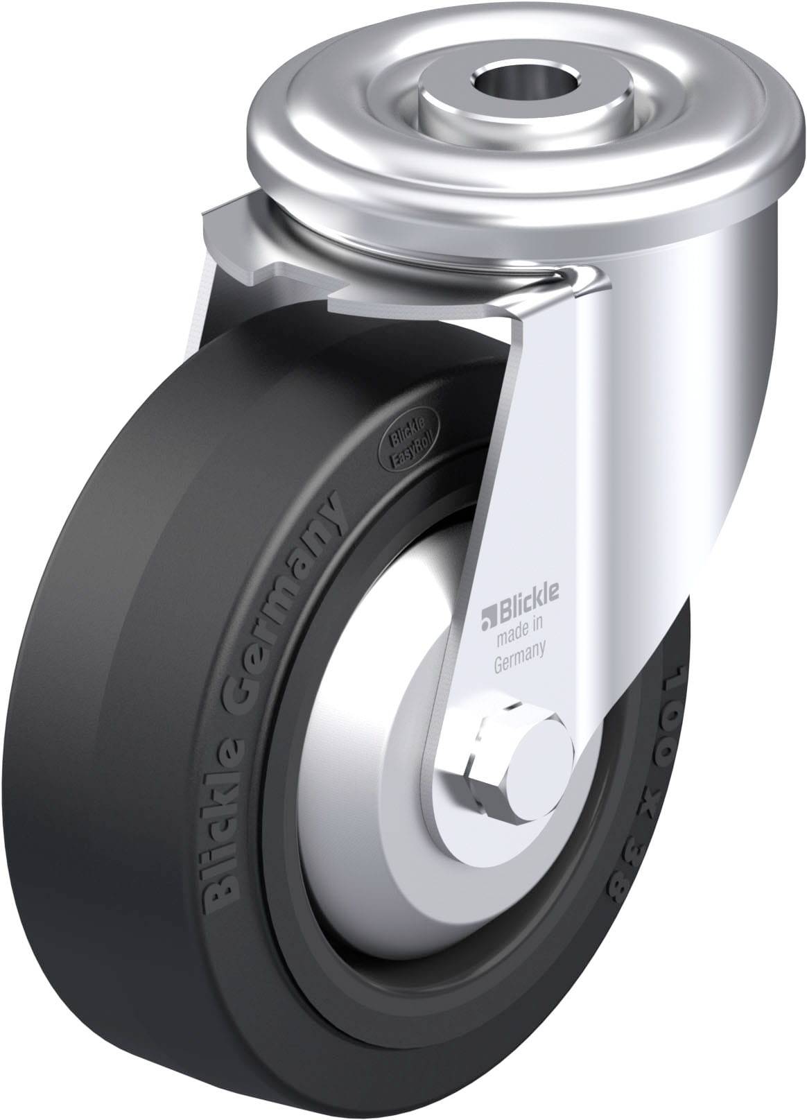 Industrie-Schwenkrolle mit schwarzem Rad, glänzender Metallschwenkmechanismus und Beschriftung 'Blickle Germany'.