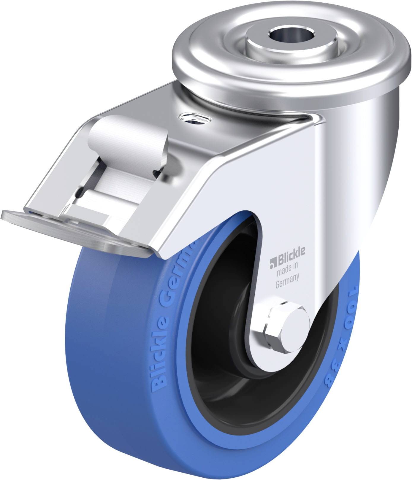 Schwenkrolle mit blauer Lauffläche und Metallgehäuse, geeignet für Wagen oder Geräte; aus deutscher Produktion.
