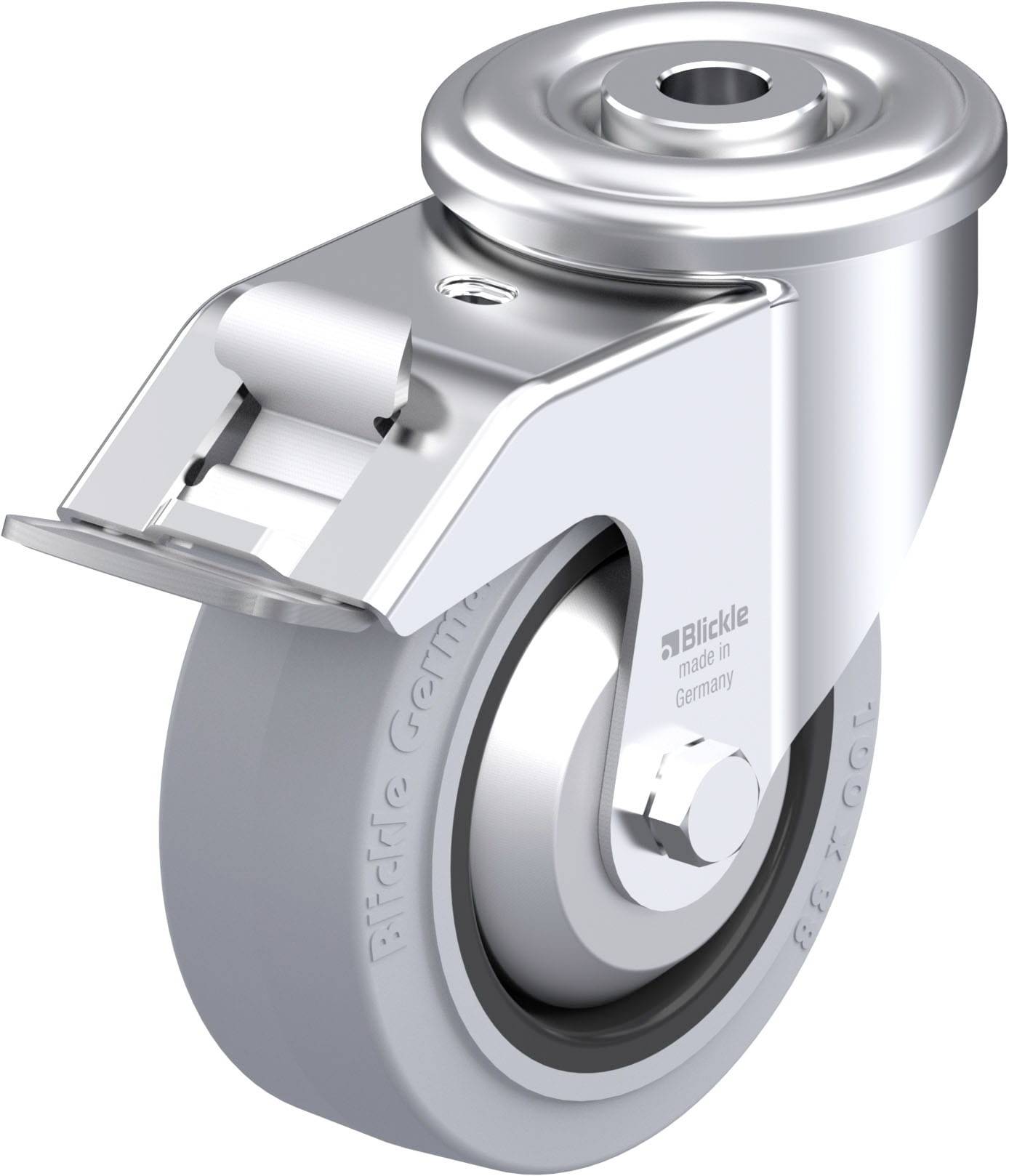 Industrie-Rolle aus Metall und Gummi mit Befestigungsplatte, drehbar, von der Marke Blickle.