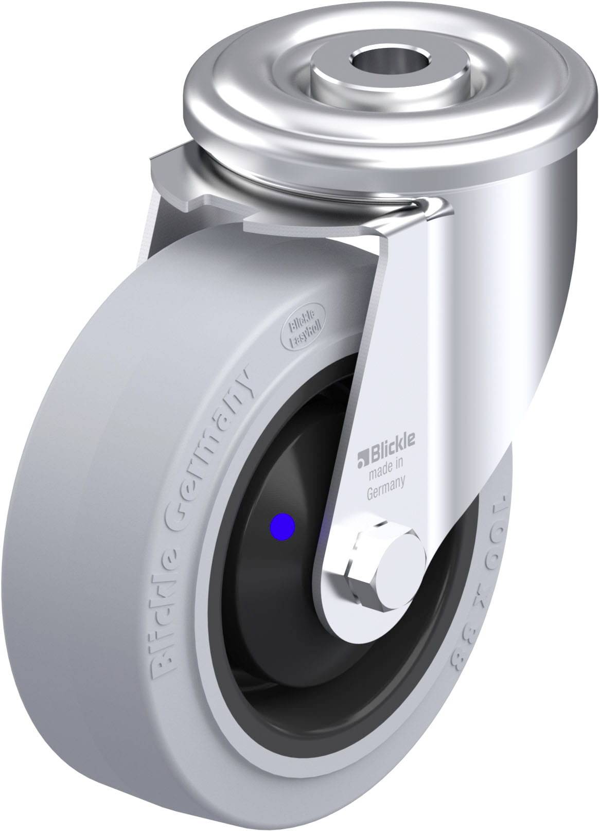Lenkrolle aus Metall und Kunststoff, seitlich. Geeignet für Transportwagen, Industrie. Herstellername 'Blickle' sichtbar auf der Oberfläche.