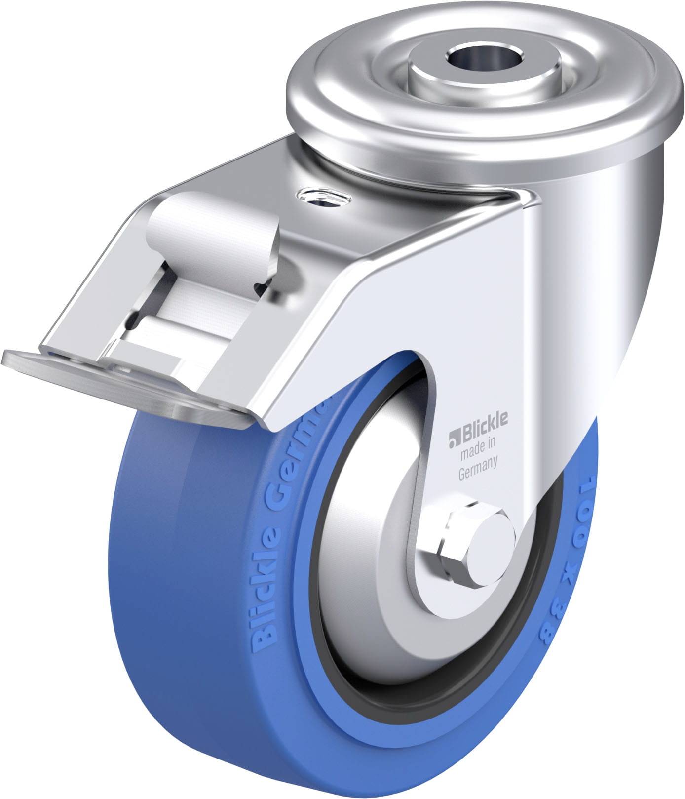 Industrie-Bockrolle mit blauer Gummilauffläche und Edelstahlgehäuse, hergestellt in Deutschland.