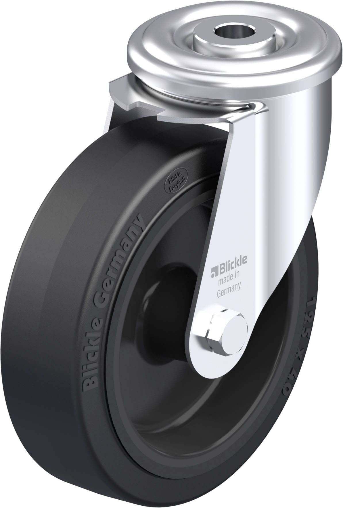 Schwenkrolle mit schwarzem Rad und silberner Halterung, 