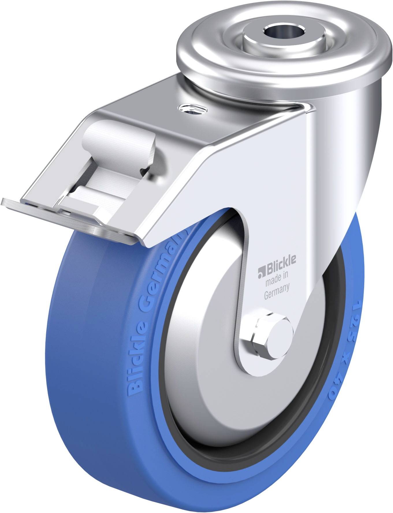 Industrie-Rolle aus Metall mit blauer Gummibereifung, geeignet für Transportgeräte, mit Halterung zur Befestigung.