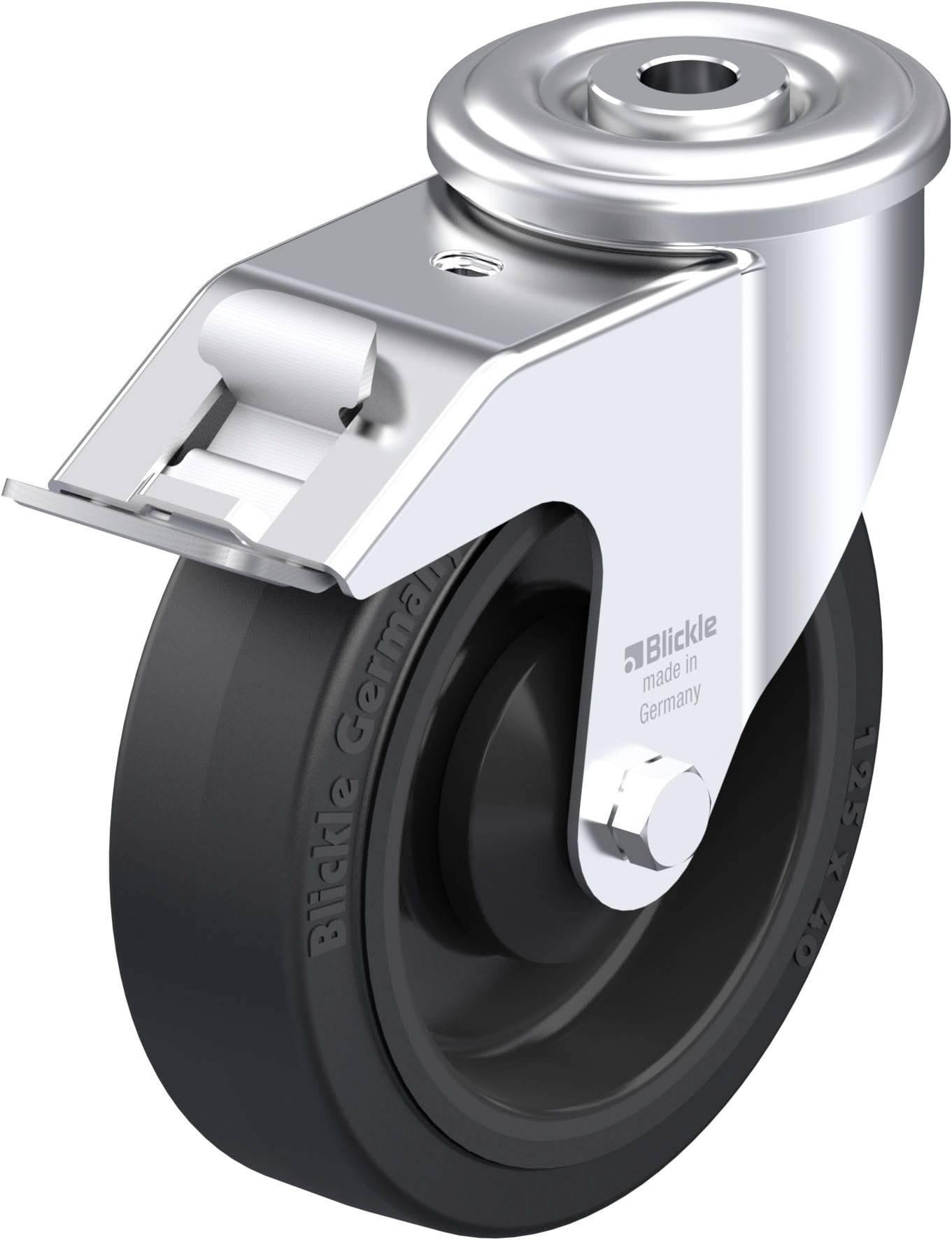 Metallisches Lenkrolle mit schwarzem Gummirad, geeignet für Möbel und Geräte. 'Blickle' und 'Made in Germany' auf der Halterung.