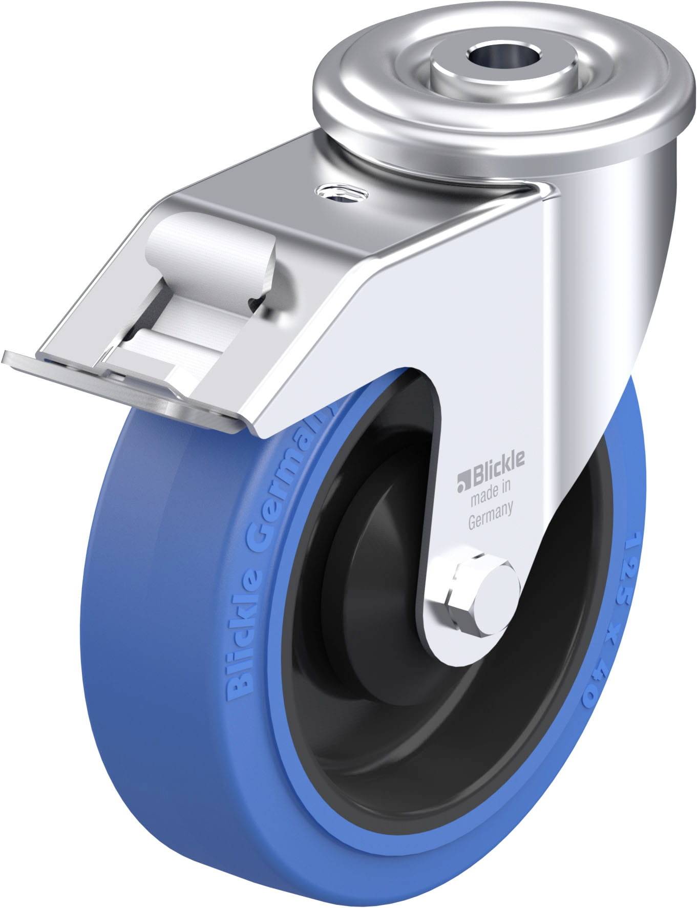 Dieses Bild zeigt eine robuste blaue Rollstuhlrolle mit einem silbernen Metallgehäuse, geeignet für schwere Lasten.