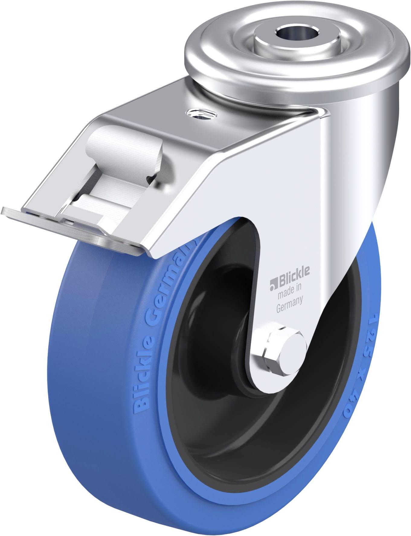 Ein blaues Rad mit Metallhalterung, geeignet für Möbel oder Geräte. Auf der Halterung steht 'Blickle made in Germany'.