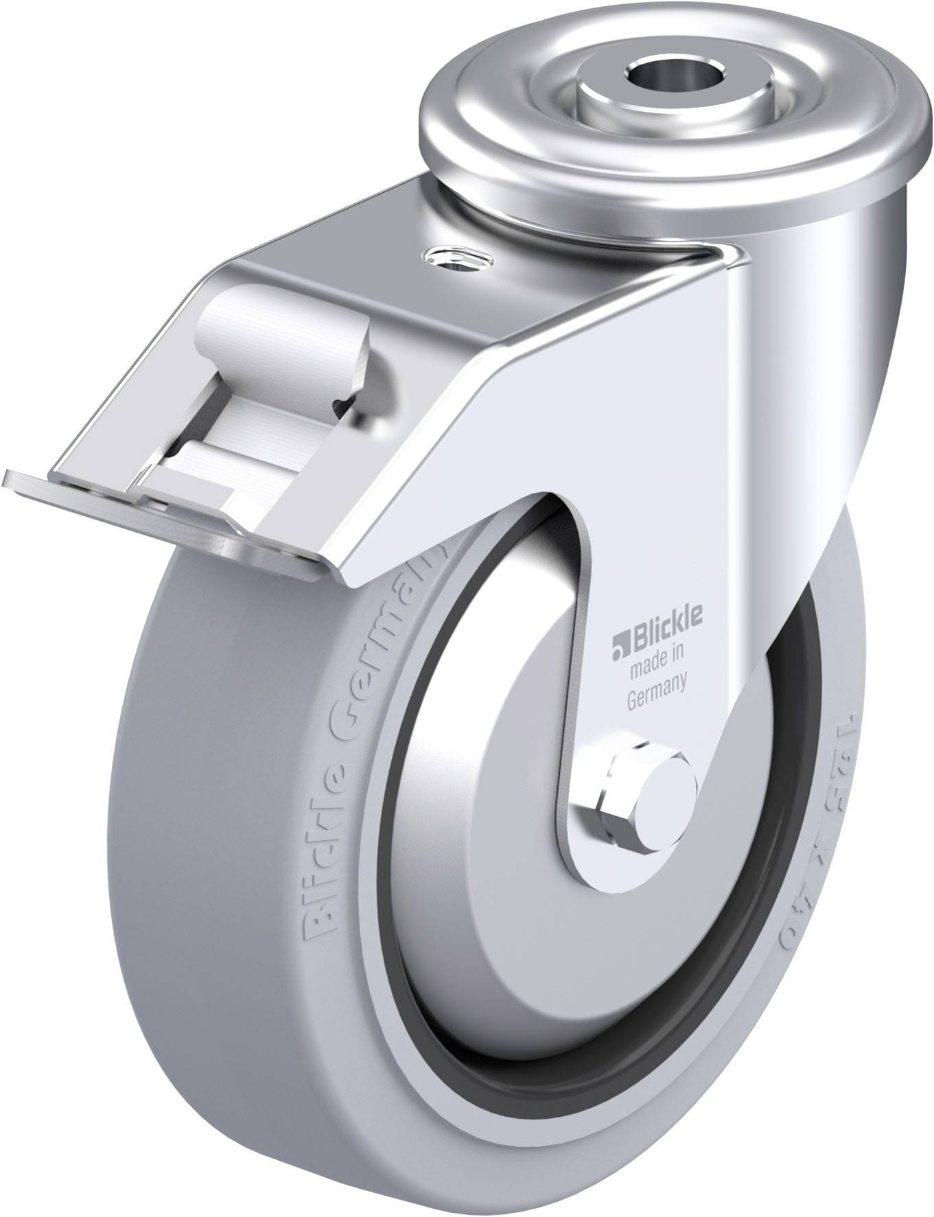 Industrielle Rolle aus Metall und Gummi, mit Gelenk und Feststellvorrichtung. Aufschrift 'Blickle made in Germany'.