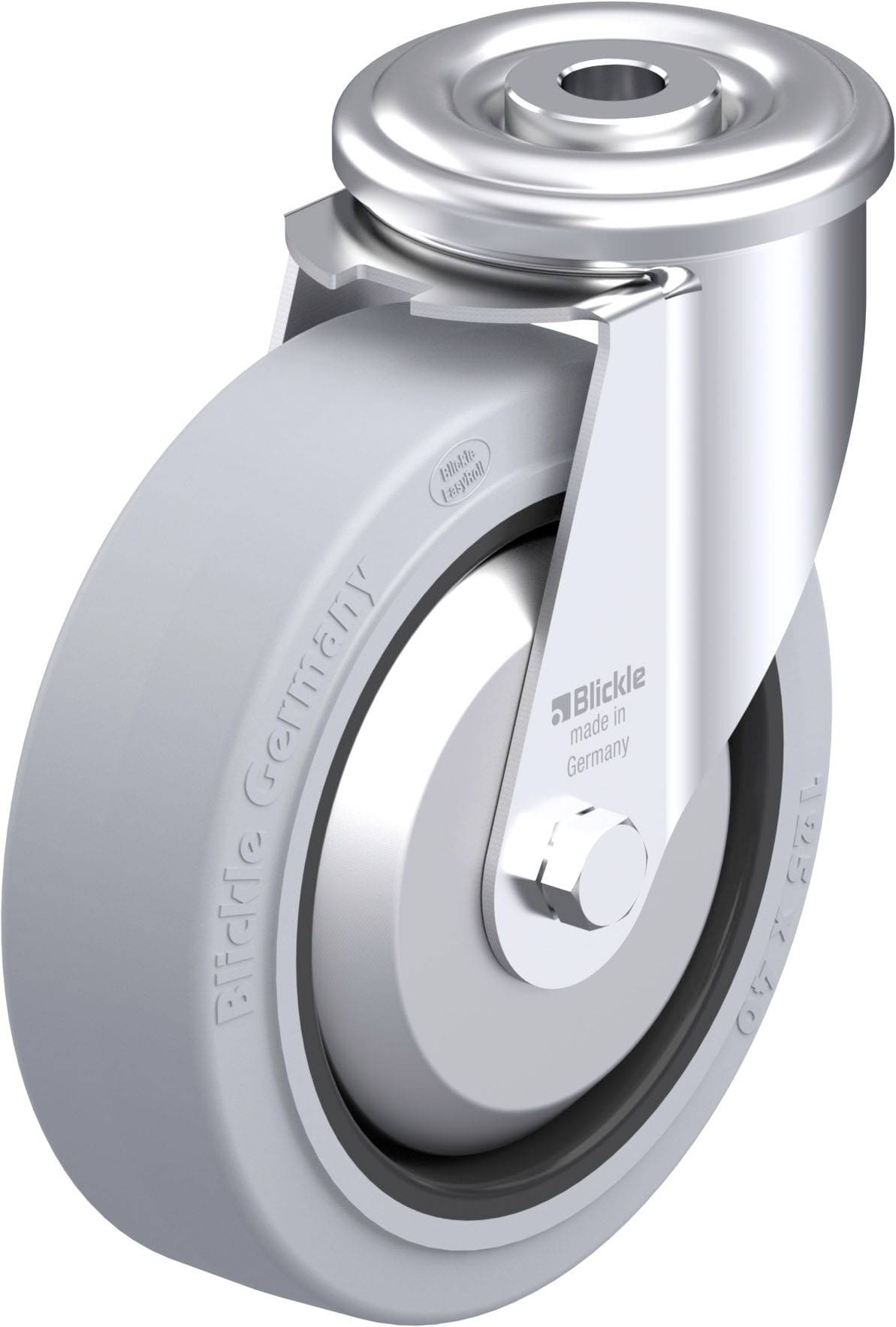 Graues Bockrad mit silbernem Metallgehäuse, ausgestellt in seitlicher Ansicht. Aufschrift 'Blickle made in Germany' auf dem Gehäuse.