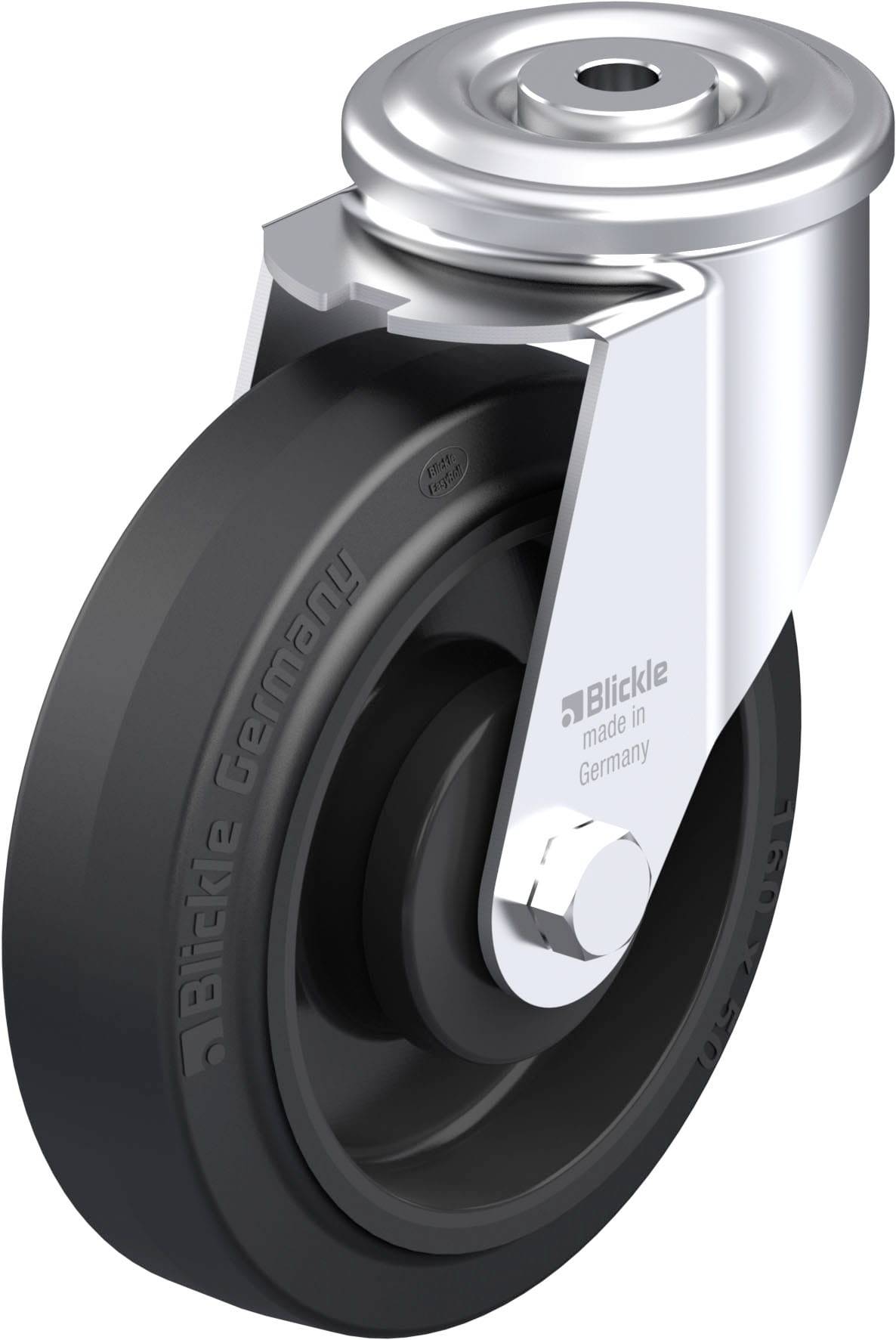 Eine schwarze Schwenkrolle mit silbernem Metallgehäuse, markiert mit 'Blickle Germany'. Geeignet für Möbel oder Transportausrüstung.