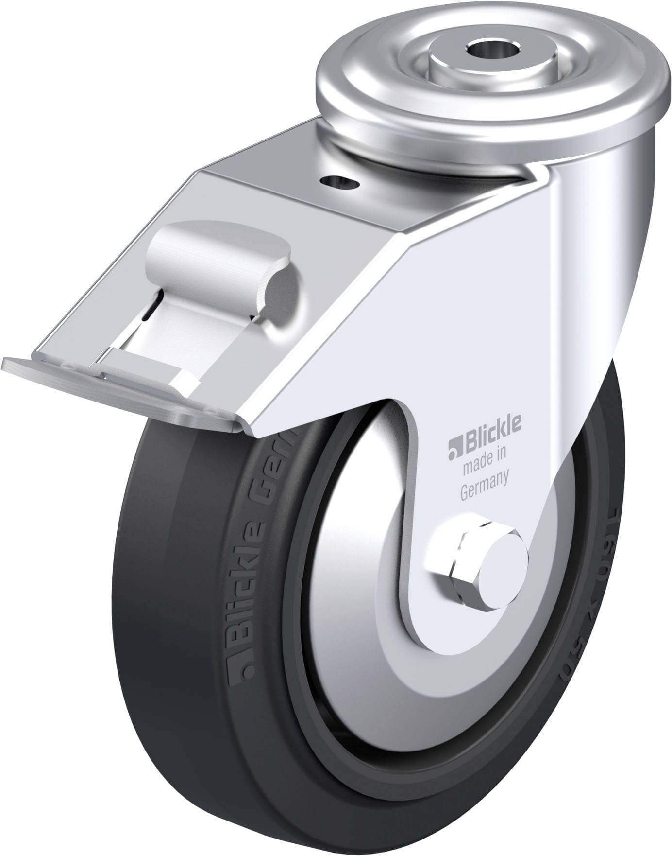 Industrie-Lenkrolle aus Metall mit schwarzem Rad und Halterung. Beschriftung zeigt 'Blickle made in Germany'.