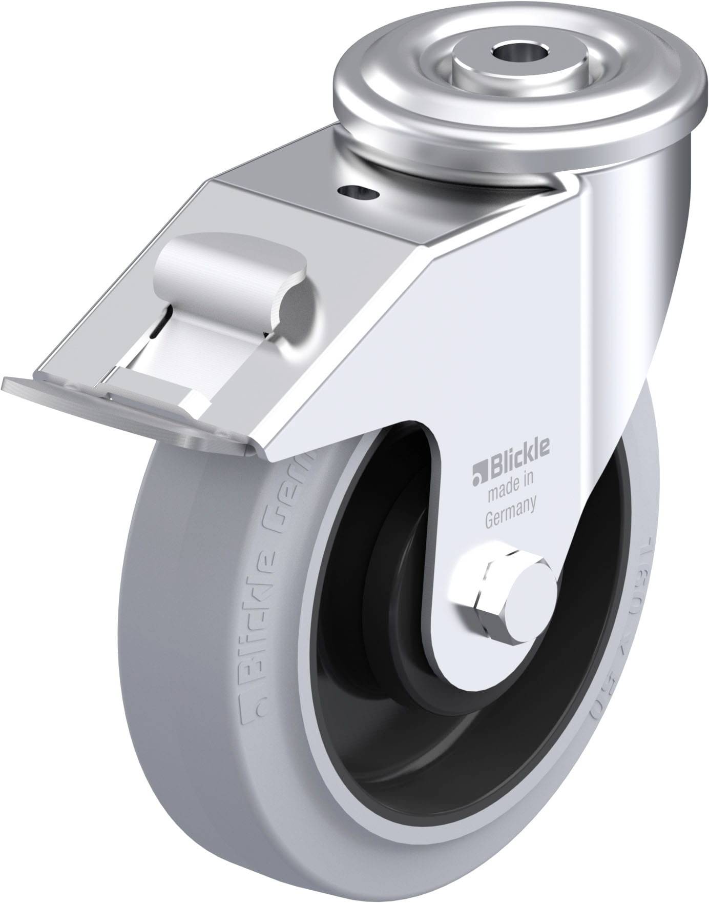 Industrie-Lenkrolle aus Metall mit grauem Gummirad, geeignet für schwere Lasten. Gezeigt ist eine Bremse oben an der Halterung.