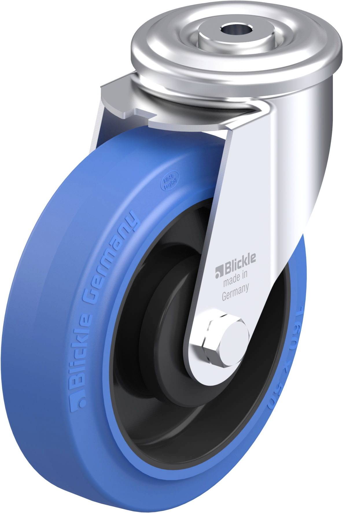Rollstuhlrolle mit blauer Gummireifen und Metallhalterung, Aufschrift 'Blickle, made in Germany'.