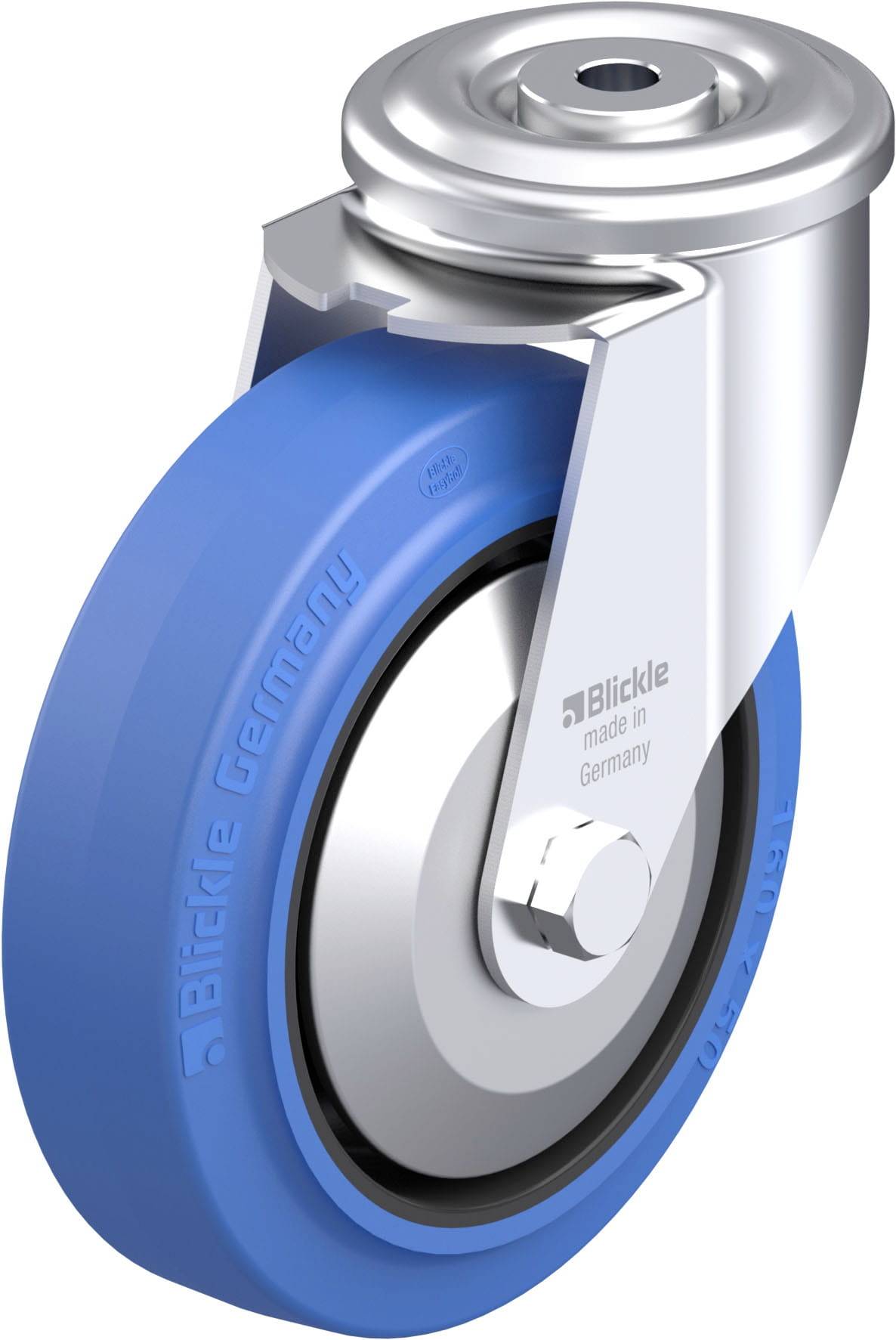 Stahlrohrrolle mit blauem Gummirad, markiert mit 'Blickle made in Germany'. Ideal für Industrieanwendungen auf glatten Böden.