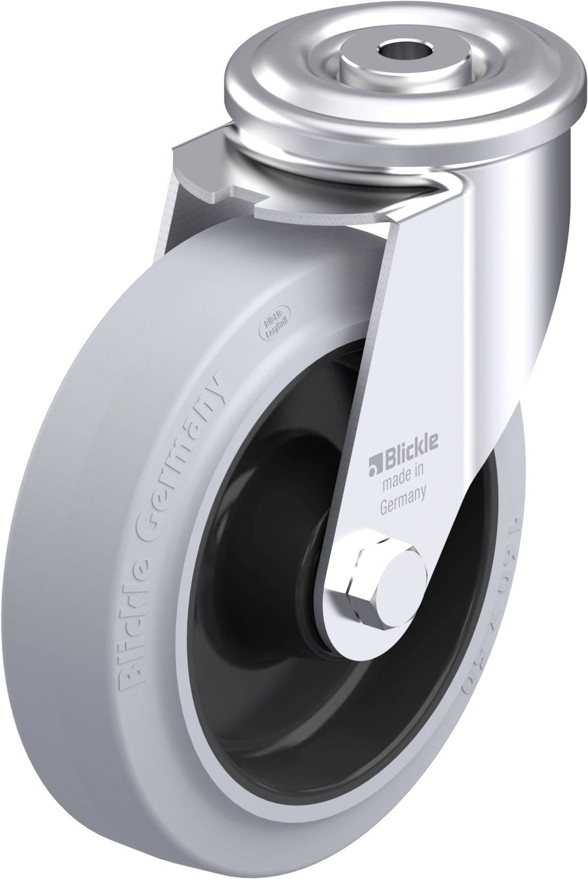 'Graues Laufrollenrad mit silbernem Metallgehäuse, Aufschrift 