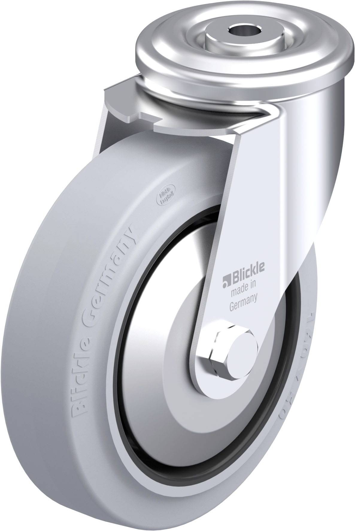 Metallisches Schwenkrolle mit grauem Rad und Aufhängung. Geeignet für schwere Lasten. Herstellerlogo 'Blickle' und 'made in Germany' sichtbar.