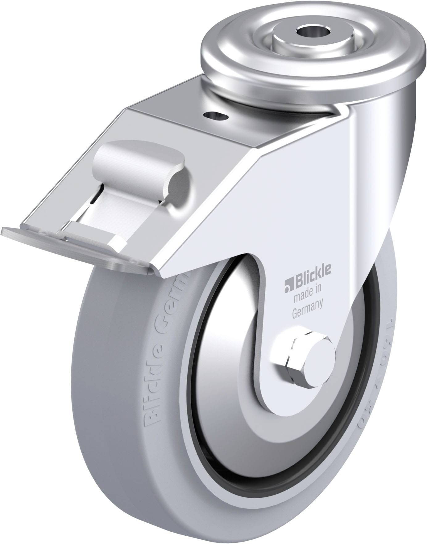 Rolle mit silbernem Metallgehäuse und grauem Rad, geeignet für Möbel oder Geräte. Aufschrift 'Blickle, made in Germany'.