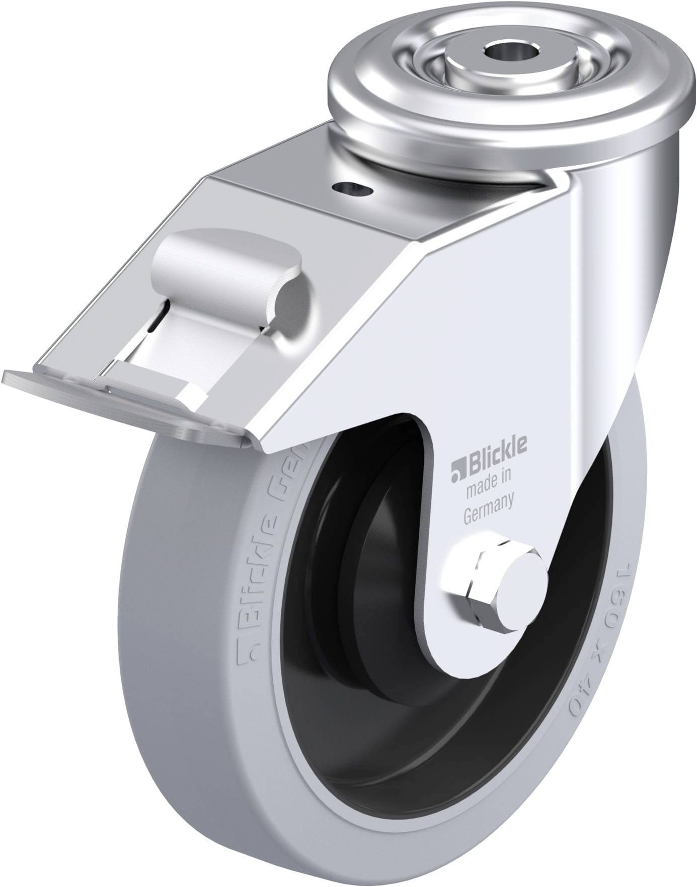 Industrie-Rolle aus Metall und Kunststoff mit Halterung, Marke 'Blickle' und Aufdruck 'made in Germany'.