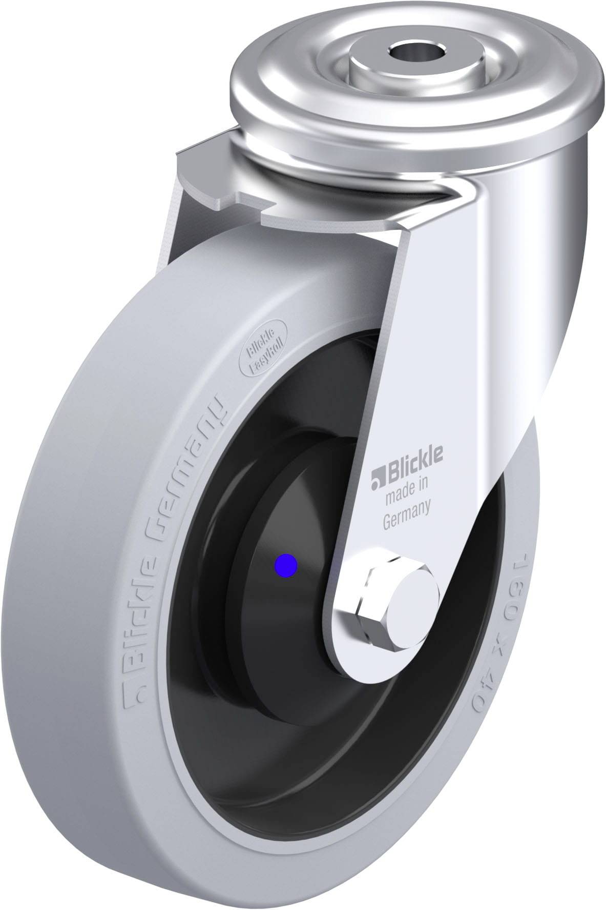 Graues Kunststoff-Lenkrolle mit schwarzem Kern und Metallhalterung, darauf 'Blickle made in Germany' aufgedruckt.