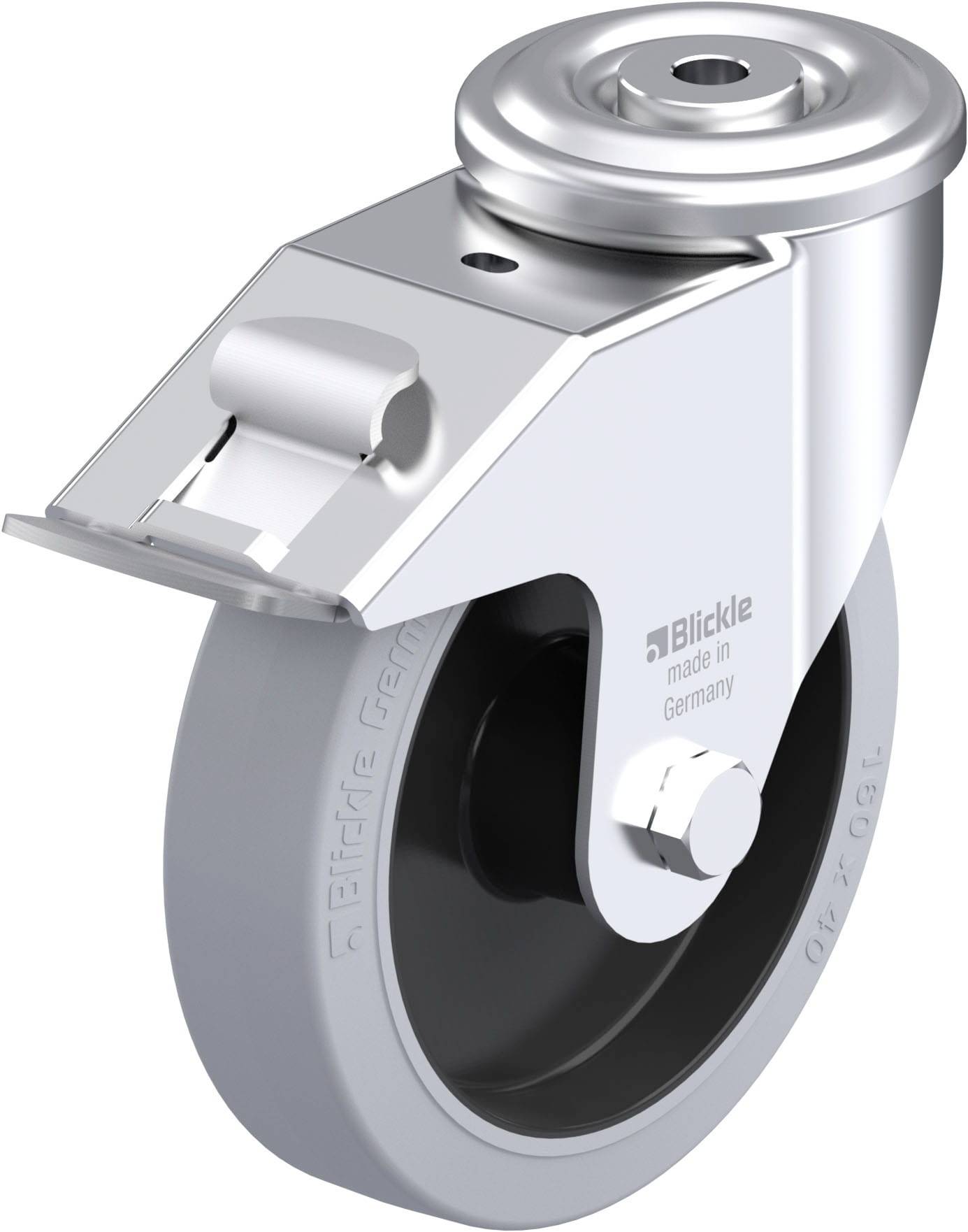 Grau-schwarzes Industrie-Lenkrollenrad aus Metall mit Bremse. Aufschrift am Rad: 'Blickle', 'made in Germany'.