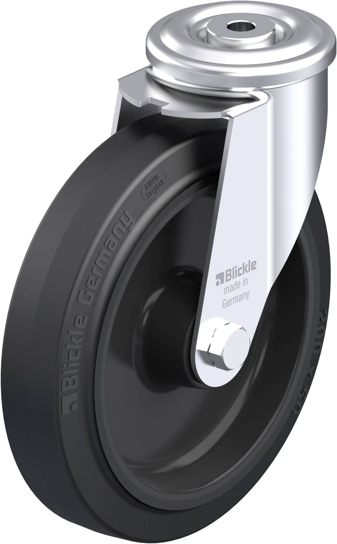 Ein schwarzes Rad mit Metallelementen, beschriftet mit 'Blickle made in Germany', zeigt ein drehbares Design, geeignet für Transportgeräte.