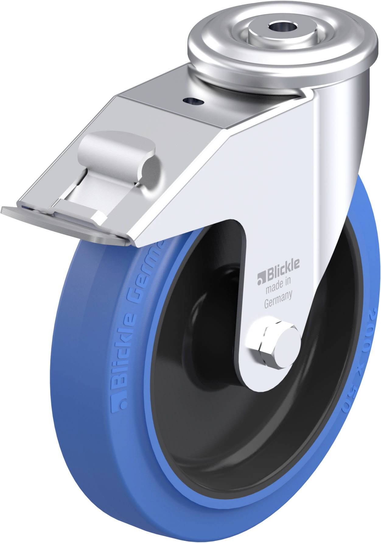 Industrie-Schwenkrolle mit blauem Rad, silbernem Metallgehäuse und Bremssystem, gefertigt in Deutschland, Marke 'Blickle'.