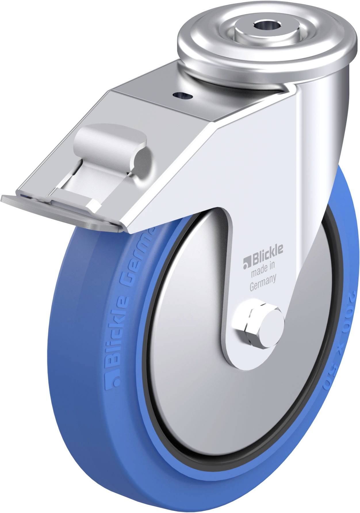 Industrie-Schwenkrolle mit einer blauen, nicht streifenden Gummilauffläche und einem Gehäuse aus Metall, geeignet für schwere Lasten.