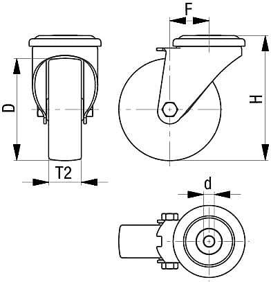 Technische Zeichnung einer Lenkrolle mit Abmessungen: D, T2, H, F, d. Ansicht von vorne und von der Seite mit Montageschraube.
