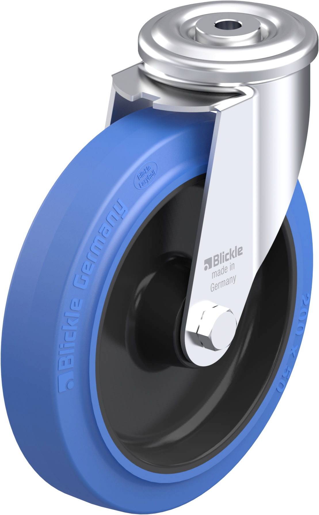 Blau-schwarzes Rad mit silberner Halterung, Aufschrift 'Blickle Made in Germany'. Industriewalze zum Transport schwerer Gegenstände.