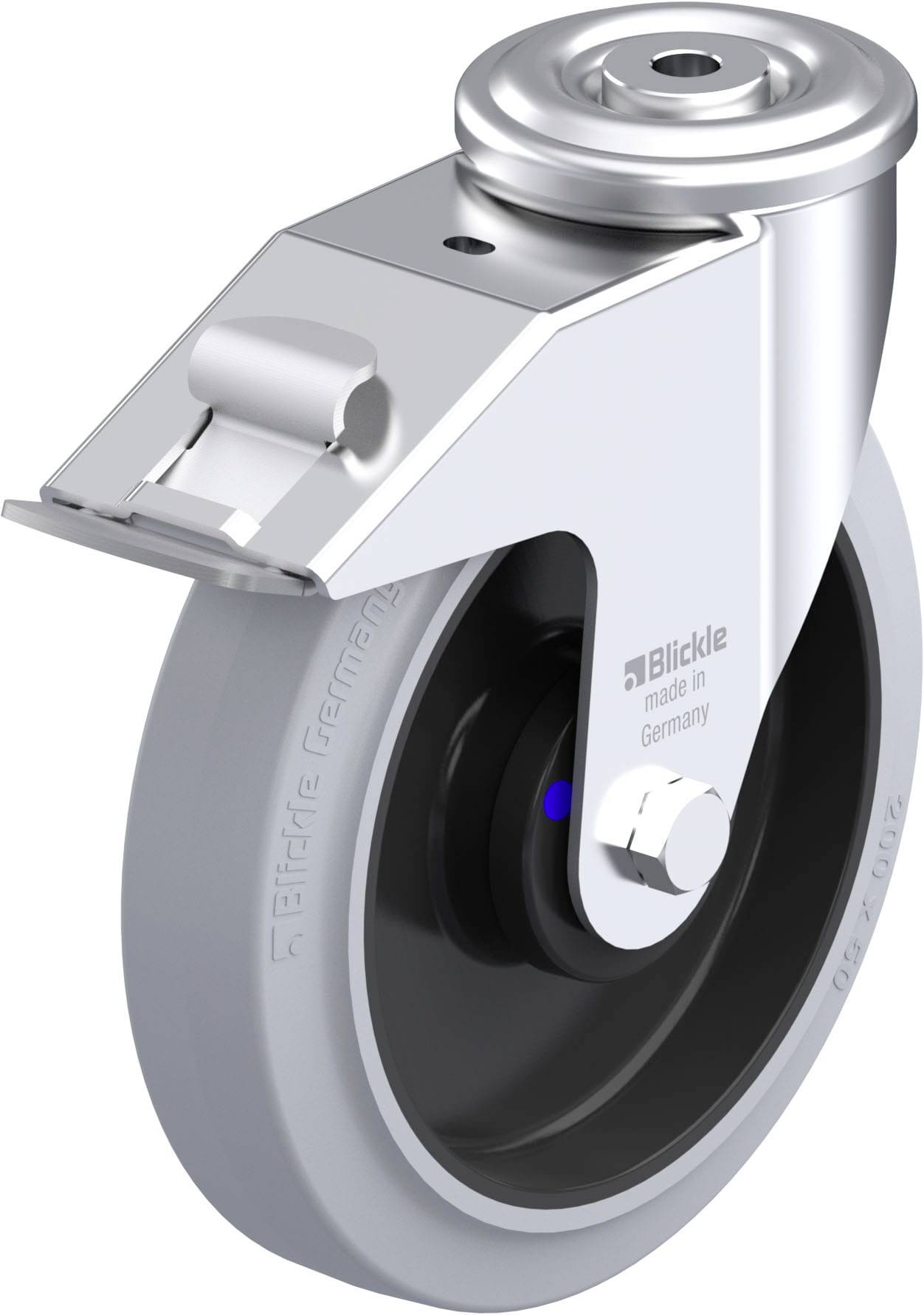Ein silbernes Schwerlast-Lenkrolle aus Metall und Gummi, beschriftet mit 'Blickle made in Germany', geeignet für industrielle Anwendungen.