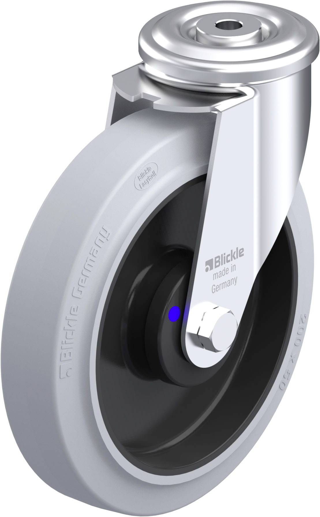 Industrie-Rolle aus Metall und Kunststoff, silbernes Gehäuse, graues Rad. Text: 'Blickle made in Germany'.
