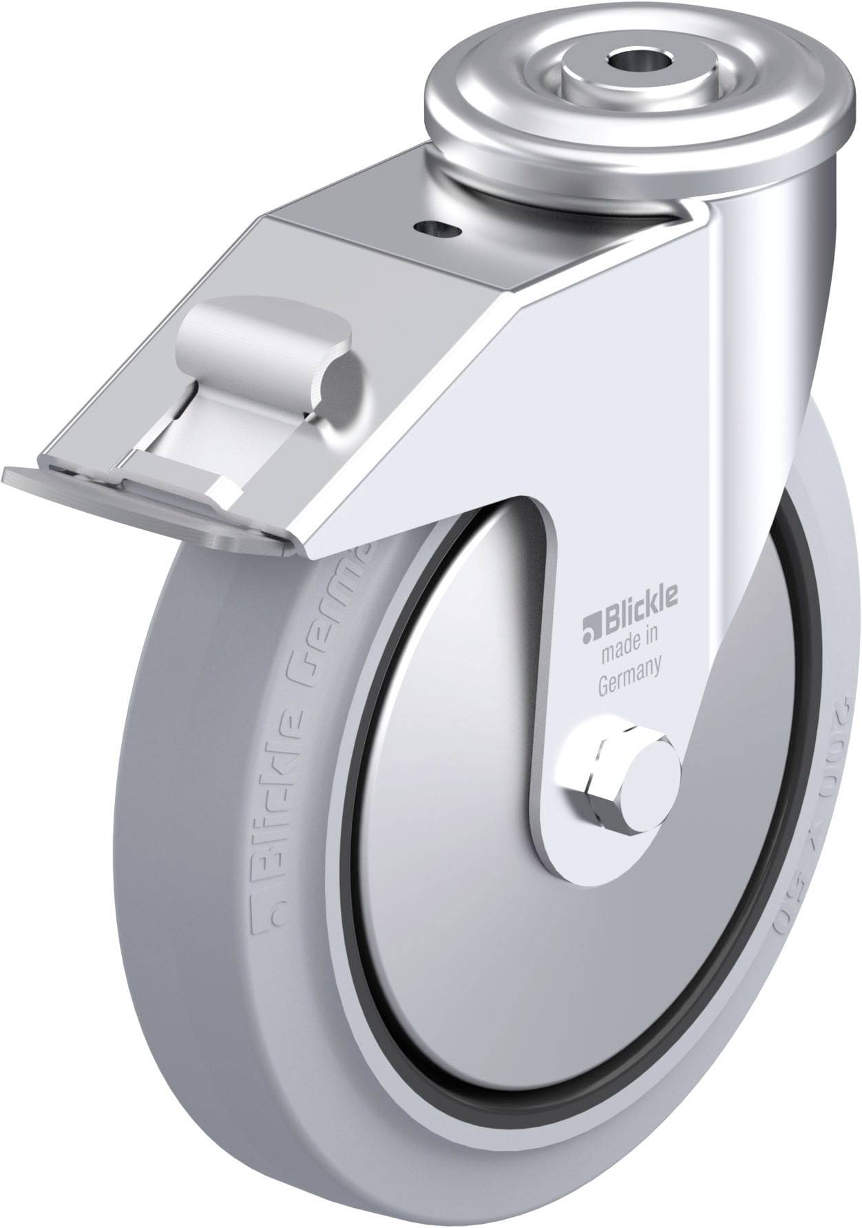 Industrie-Lenkrolle aus Metall mit grauem Rad und Bremse, Aufschrift 'Blickle made in Germany' auf der Reifenfläche.