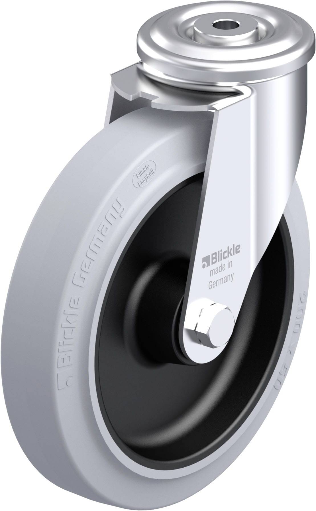 Graues Lenkrolle mit Stahlgehäuse und Aufschrift 'Blickle Made in Germany'. Geeignet für Transportgeräte.
