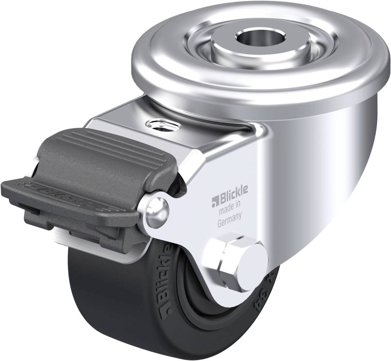 Rollenlenkrolle aus Metall mit schwarzem Rad und Bremse, Aufschrift 'Blickle made in Germany'.