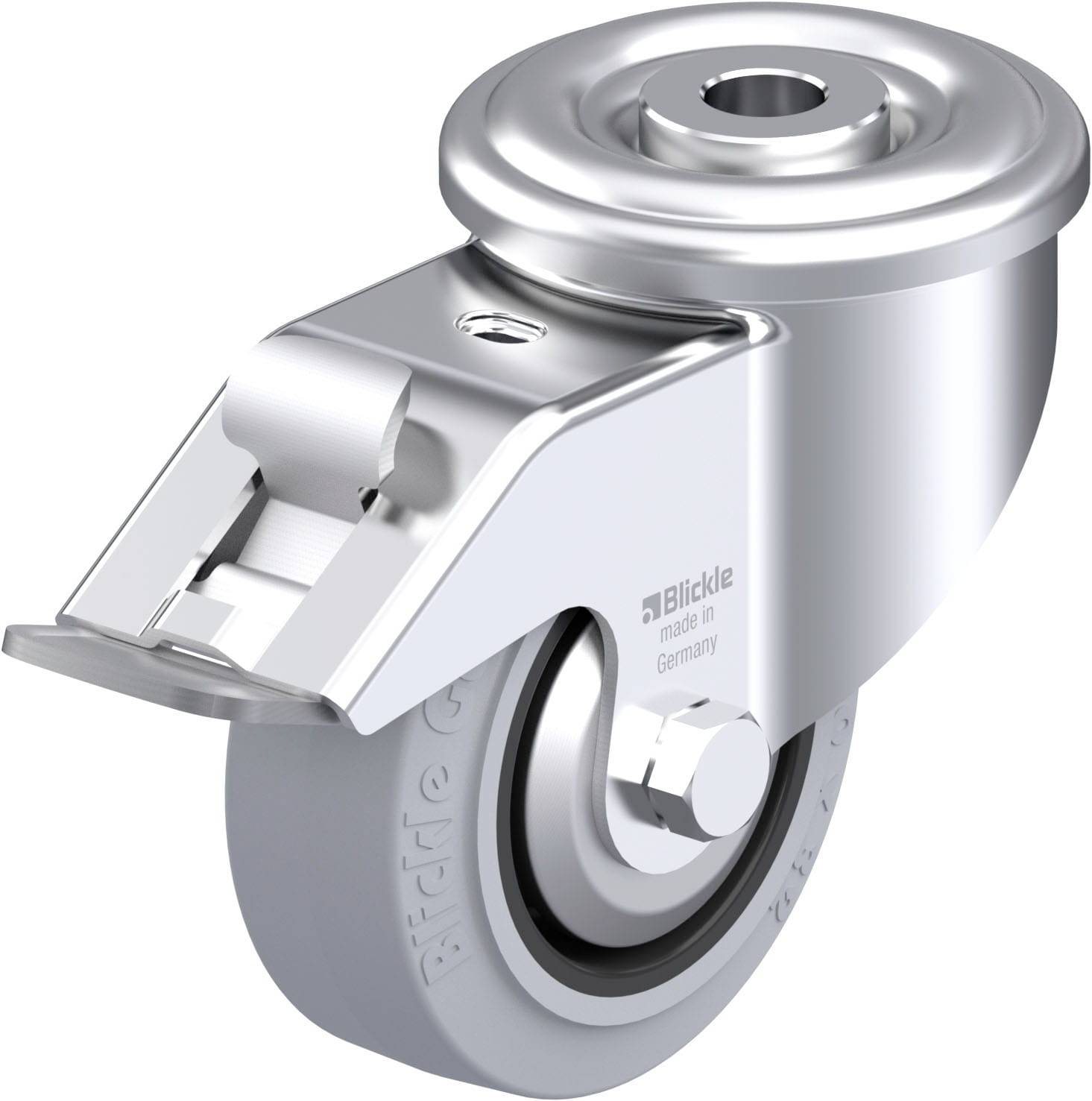 Eine graue Spindelrolle mit Metallgehäuse und Bremse, geeignet für schwere Lasten.