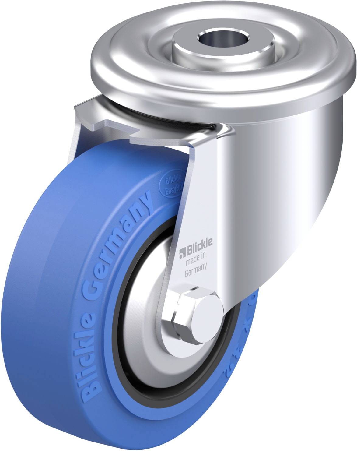 'Blickle Germany' ist auf einem blauen Rad einer Industriekunststoffrolle abgebildet. Die Rolle hat ein silbernes Gehäuse.