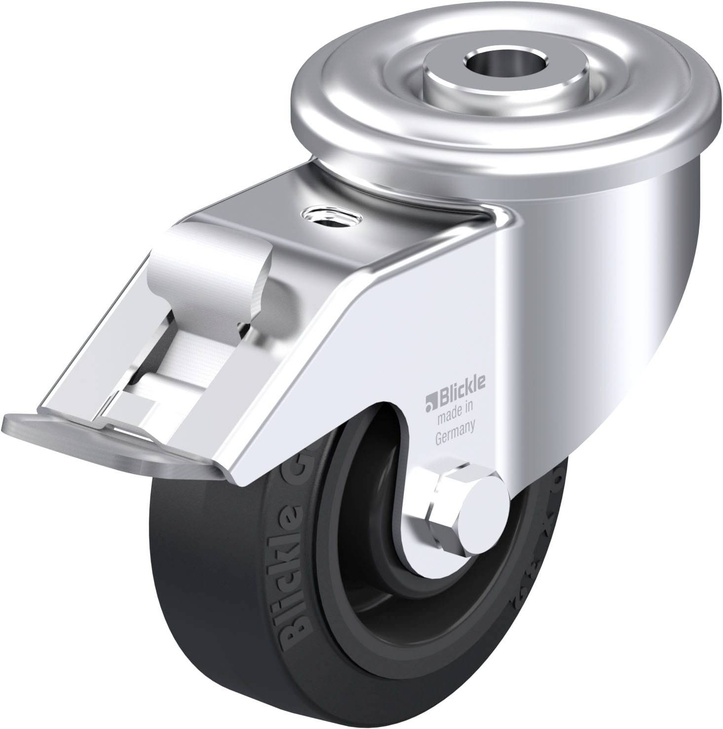 Metallisches Lenkrollenrad mit schwarzer Gummibereifung und Bremse, hergestellt in Deutschland von Bockle.