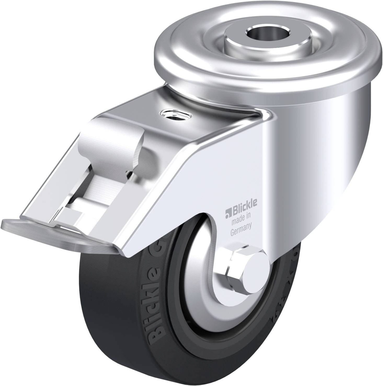 Metallisches Lenkrollenrad mit schwarzem Rad und Halterung, auf der 'Blickle, made in Germany' steht. Geeignet für Mobiliar oder Geräte.